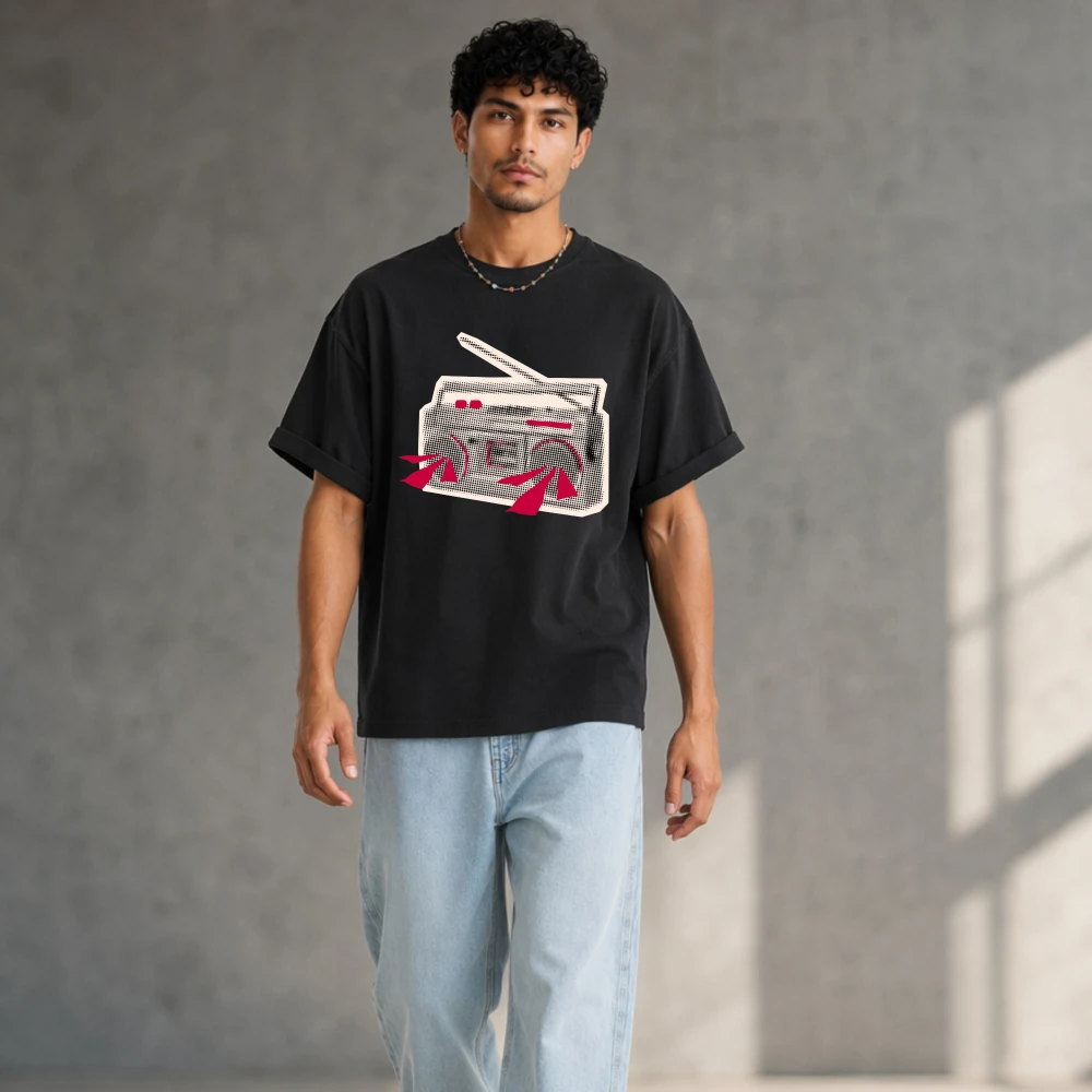 Retro Vintage Boombox Graphic T-shirt Oversized Crewneck Short Sleeve Music Lover DJ Shirt Black White Red Cassette Antenna Spea