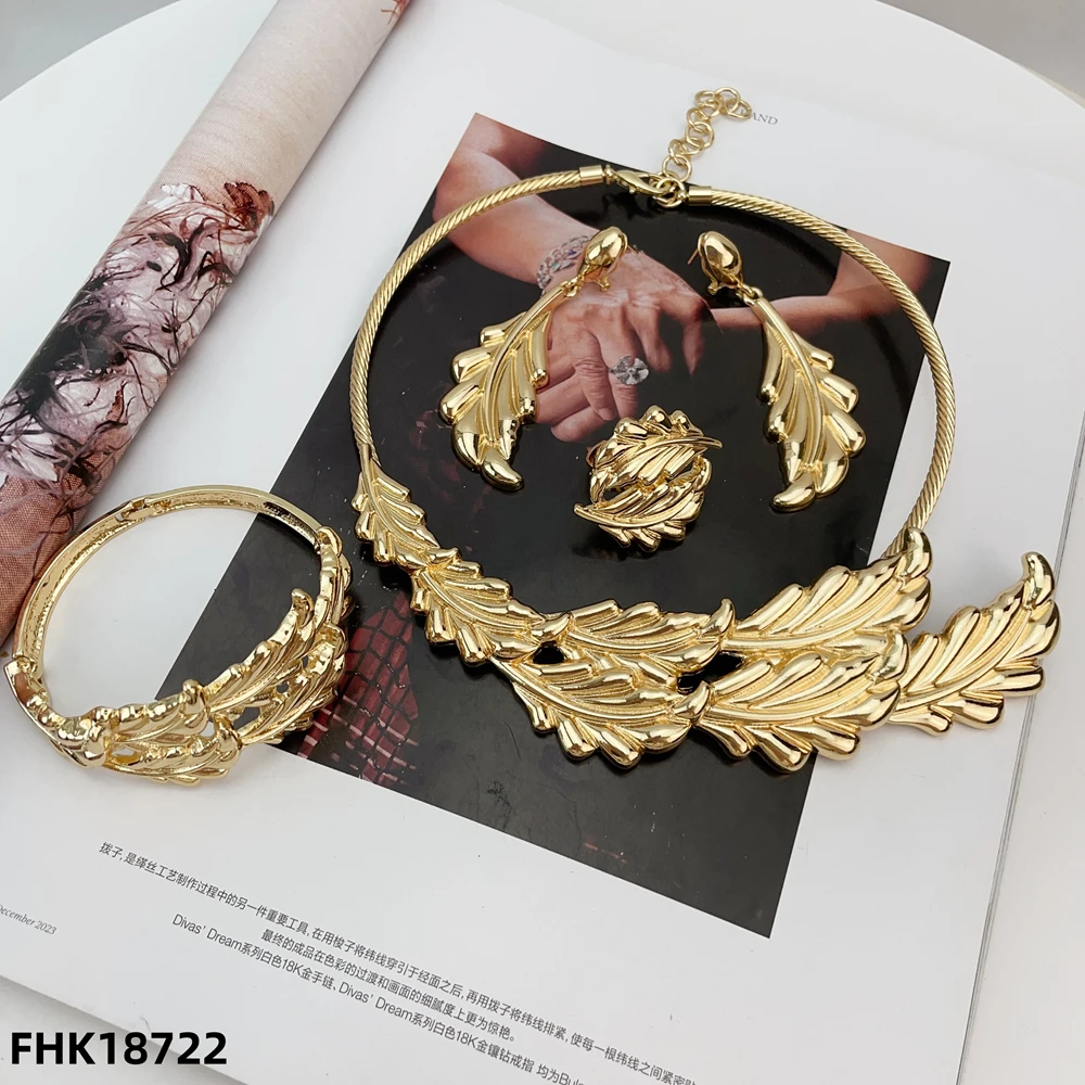 

Нигерийский оригинальный комплект ювелирных изделий из 18-каратного золота, женское большое смелое ожерелье, серьги, браслет, кольцо, аксессуар для свадебной вечеринки FHK18722