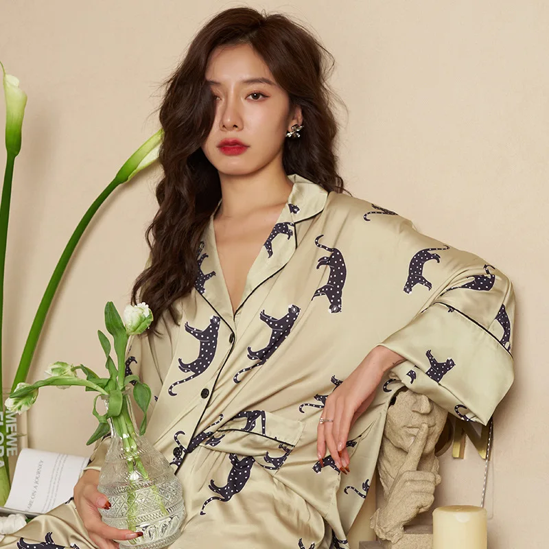 Luxury Ladies Homewear Silk Print Long Sleeve Ladies Pajama Set 2 Pieces With Pant Summer Spring Satin Pyjama For Female 2024