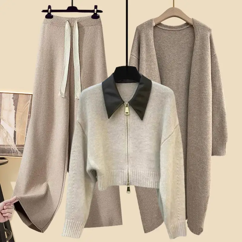 Spring Autumn Three Piece Wide Leg Pants Set Sweater Cardigan High Waist Wide Leg Pants Lounge Sets Long Sleeve Knit Pullover