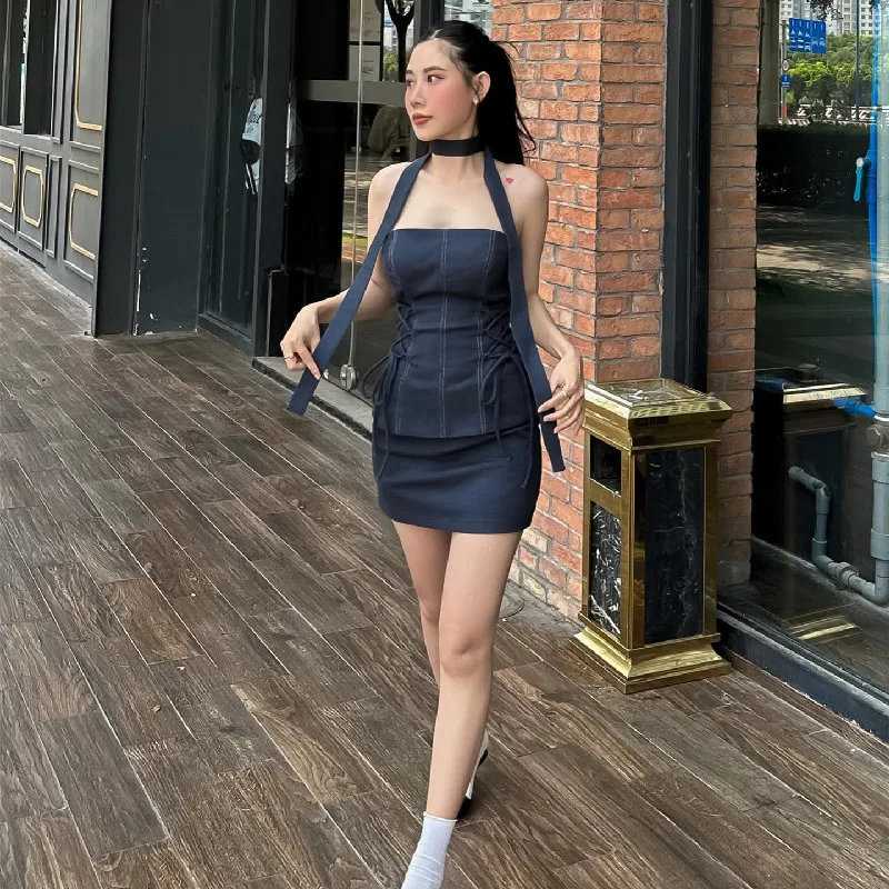 WhereMery Women Formal Occasion Two Piece Set Sexy Side Cross Bandage Solid Tube Tank Top With Skinny Slim Skirt 2023 Summer New