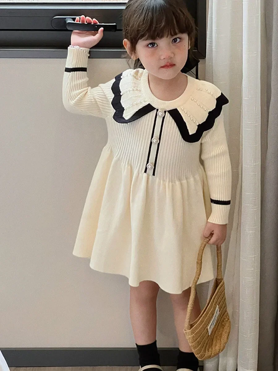 Girls Sweater Patchwork Dress Beaded Collar Lapel Winter Fall Dresses For Girls 2 3 4 5 6 7 8 9 10 Year White Black Clothing Kid