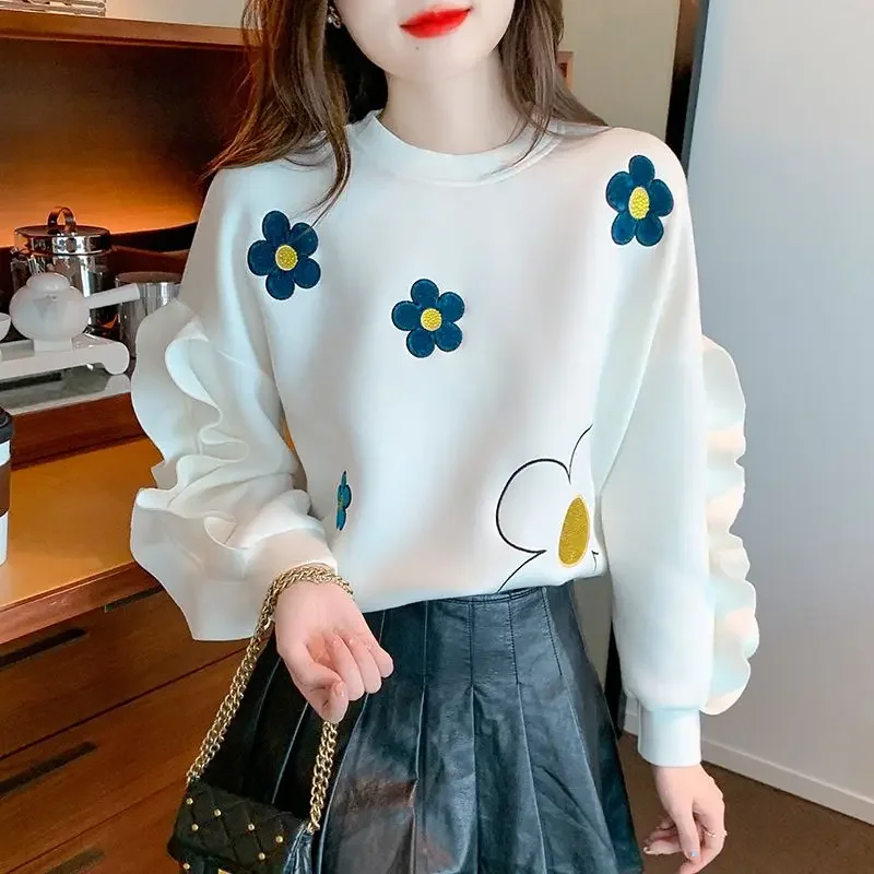 Moda coreana babados emendados em torno do pescoço sweatshirts para o sexo feminino 2025 outono solto all-match manga longa topos roupas femininas