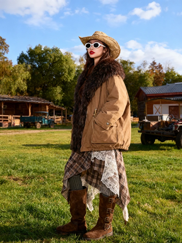 

Ele Loose Fur Jaet Pure Color Parka Coat Korean Sle V-Ne Long Sve Commute Friendly Winter Limited Edition