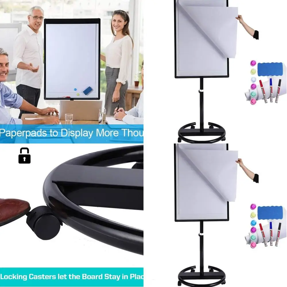 ارتفاع قابل للتعديل 40 × 28 سبورة بيضاء مغناطيسية متنقلة مع حامل دوار، مسح جاف، مخطط قلاب، مغناطيس وممحاة، أسود #1