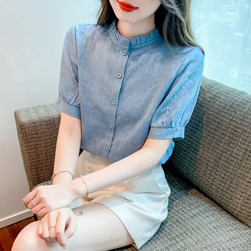 Cotton Summer Woman Blouse Foreign Style S-3XL Short Sleeve Blue/Red/White Buttons Shirt Fashion Versatile Femininas Tops Z868