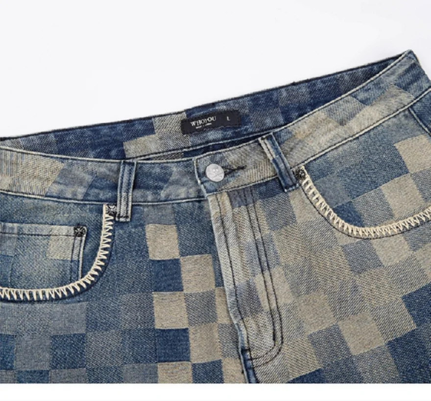 High quality New Fashion Men Luxury famous Brand European Design mosaic checkerboard case jeans