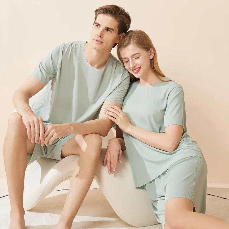 Couple Pajamas Short Sleeves Round Neck Two-piece Suit Sleepwear Summer Thin Simplicity Pajama Man Loose Casual Women Pajama