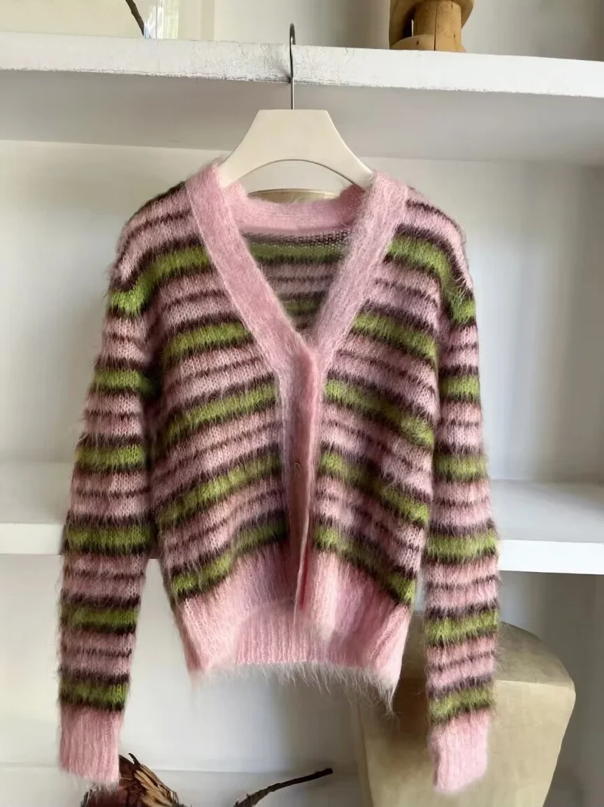 

Striped Single-Button Knitted Open Cardigan Outerwear Color Block Loose Mohair V-Neck Sweater Women's Spring Fashion Sweet Style