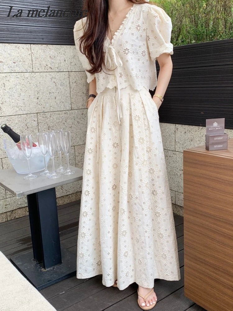 Hollow Lace Embroidery Skirt Set Woman 2024 Summer New Fashion V-neck Blouse+high Waist Pleated Korea Chic Elegant 2 Piece Sets