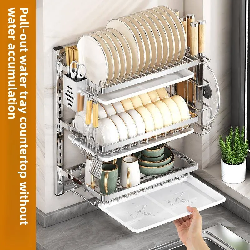 رف أطباق من الفولاذ الكربوني، رف مطبخ مثبت على الحائط مع صينية تنقيط، منظم تجفيف عيدان تناول الطعام قابل للتعديل #4