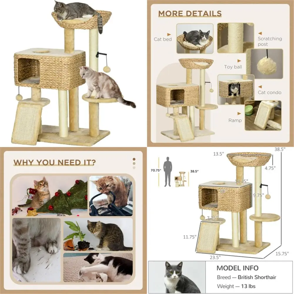 indoor cat tree with scratching posts, ramps, condo, toy balls, platforms, and bed in beige