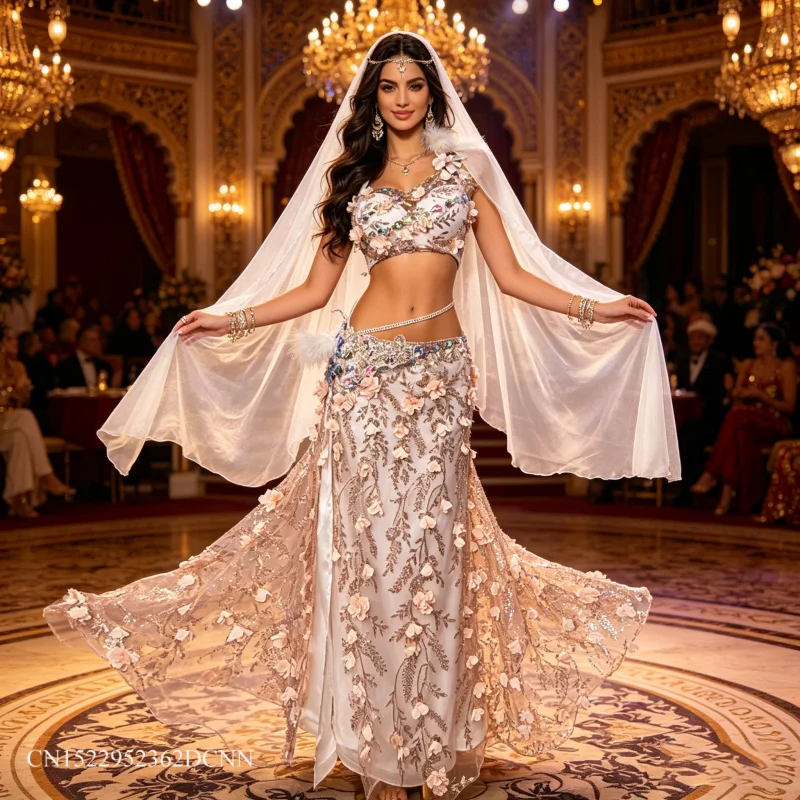 Belly Dance Costume Set for Women's Customized Exquisite Flowers Bra+Sexy Split Long Skirt Oriental Dance Performance Costumes