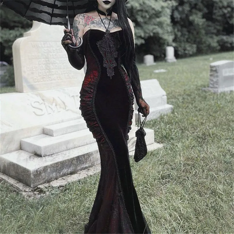 Goth Dark Ladies Elegant Fashion Tight Halter Mermaid Dresses Hotsweet Corset Mesh Maxi Dress Gothic Pleated Bodycon Party Gown