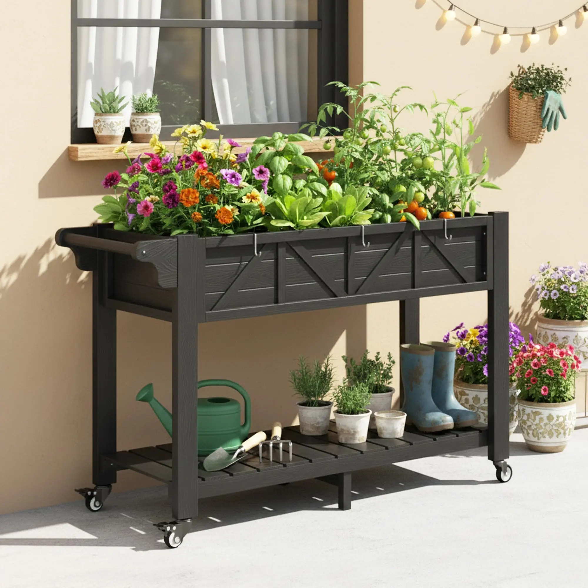 Elevated Raised Garden Bed with Wheels, 47x17x29.7in Large Planter Box