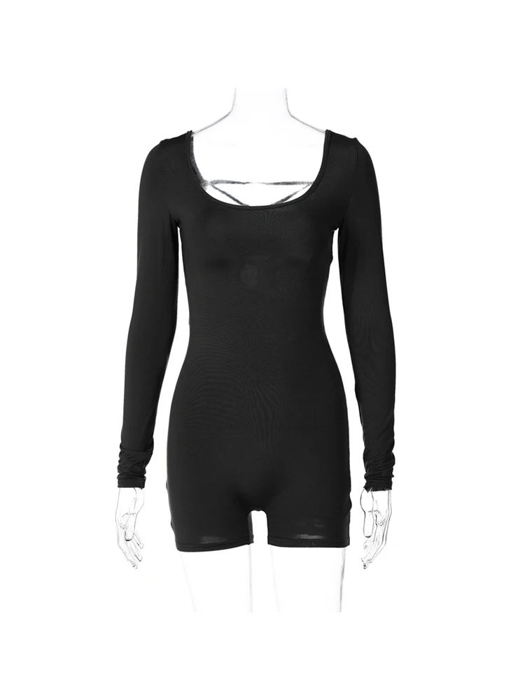 Women's Backless Monochromatic Playsuit, Long Sleeves, Lace Up, Sexy Slim, Skinny Playsuit, Y2K Streetwear, Party Club Rompe