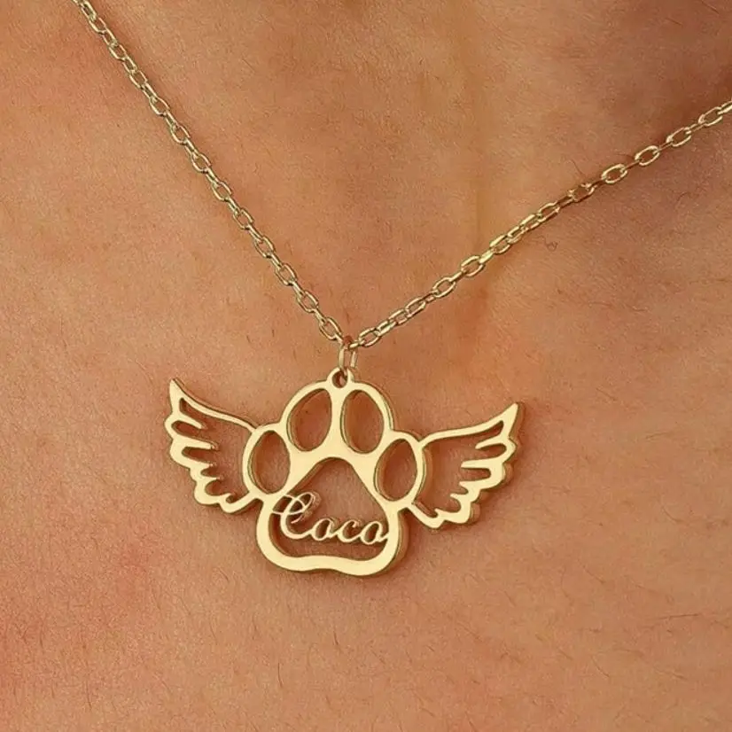 Personalized Angel Wing Paw Print Name Necklace Custom Stainless Steel Name Jewelry 18K Gold Plated Pet Necklace Gift For Her