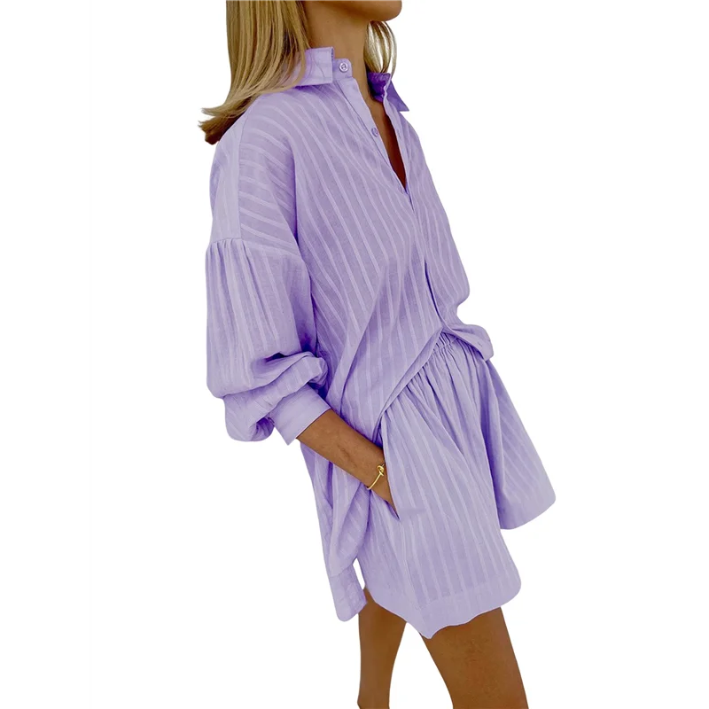 Hot Kf-Women's Summer 2 Piece Sets Striped Puff Sleeve Button Down Shirts Tops Matching Shorts Sets Casual Outfits