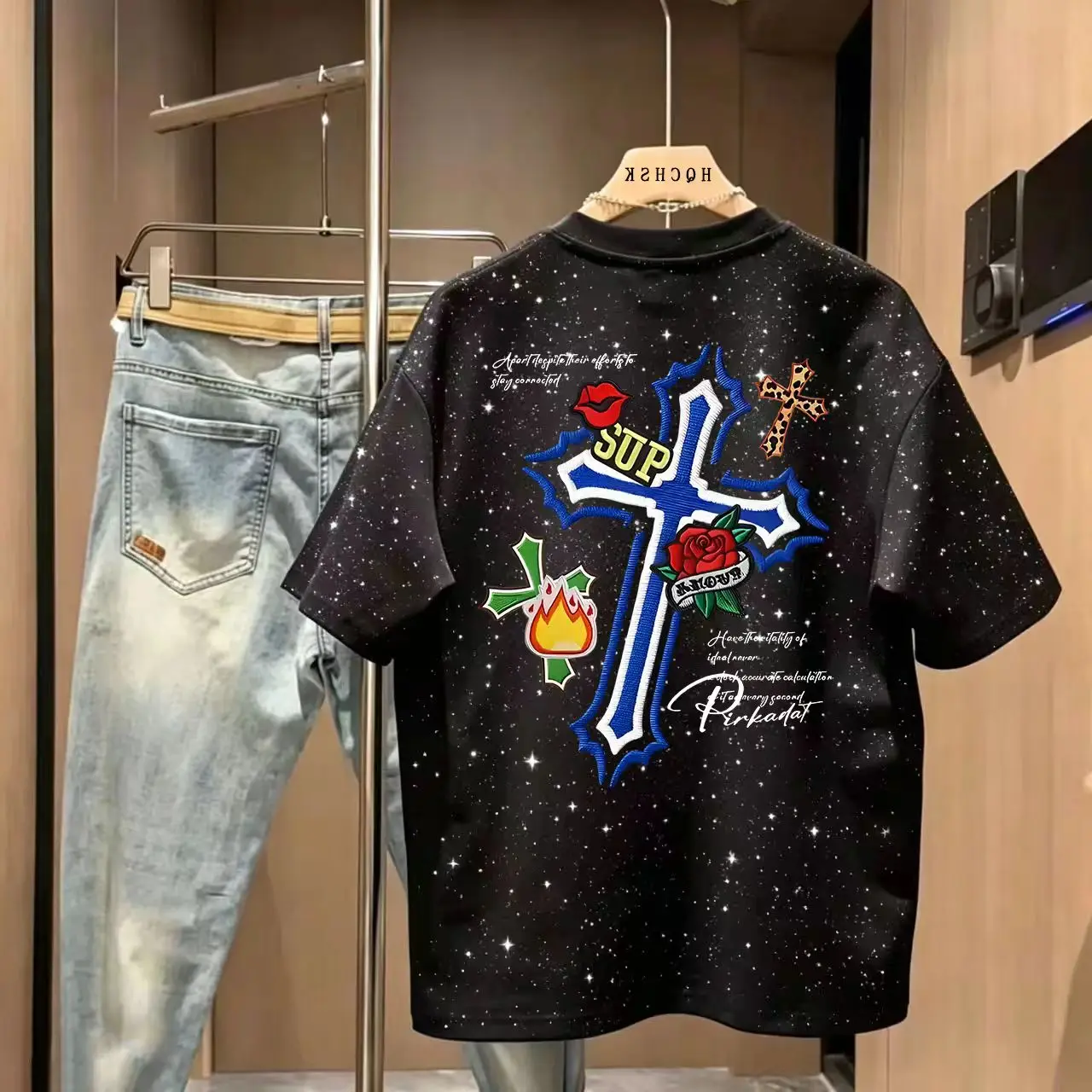 High-quality brand round neck short sleeved Sequin men's New summer fashion Christ Cross embroidery T-shirt casual sports top