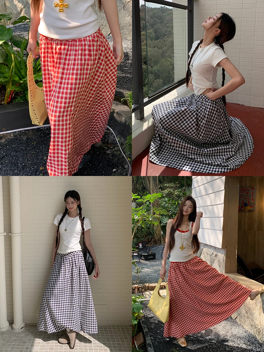 

Юбка трапециевидной формы с высокой талией, женская красная клетчатая корейская утягивающая юбка, Новое поступление лета, смесь вискозы из полиэстера