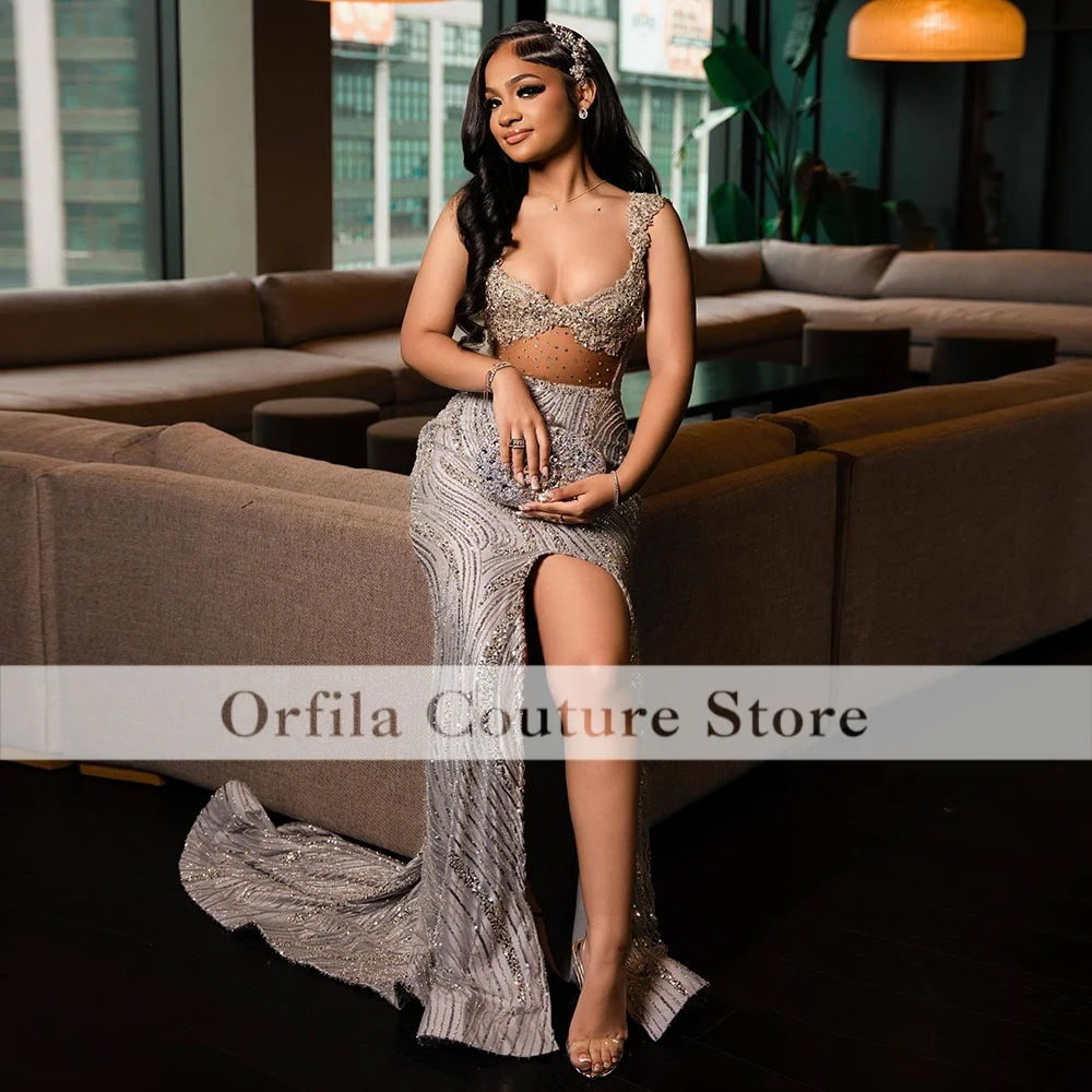 Shiny Silver Diamond Prom Dresses 2026 Sexy Slit African Evening Gowns Wedding Party Dress Customized