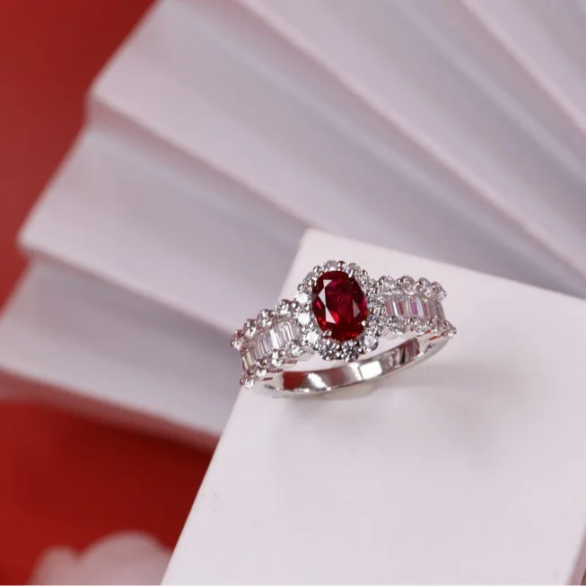 AETEEY S925 Sterling Silver 1CT Pigeon Blood Ruby Ring Bamboo Band Square Side Stones Elegant Women Finger Jewelry