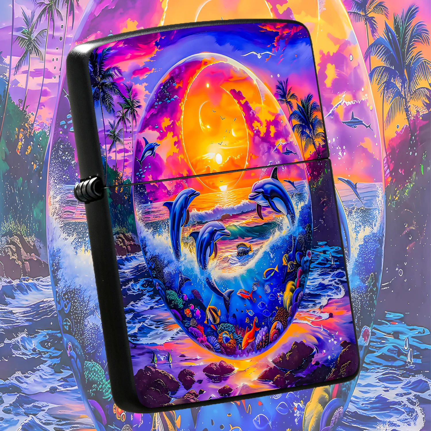 Vibrant Fantasy Dolphin Bay Themed Pocket Lighter, Psychedelic Neon Sunset Tropical Palm Coral Seaview Creative Art Decor, Aesthetic Stylish Accessory, Ideal For Gifting Collection, Fits Daily Scenarios, Travel Carry, Unique Vibe Boost For