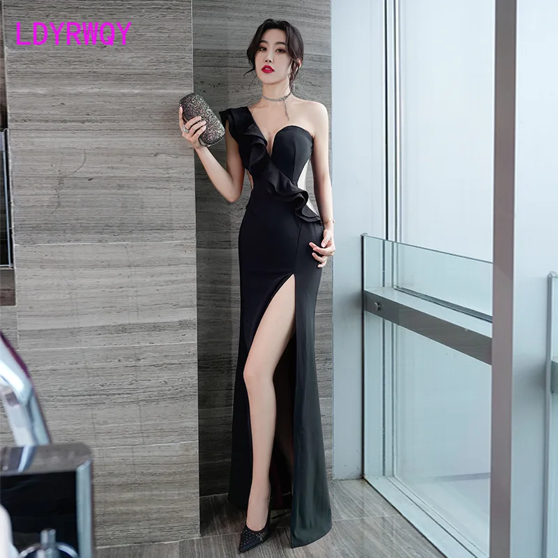 

Autumn and Winter New Oblique Shoulder Red Toast Dress Slim Fit and Slim Ruffle Wrapped Chest and Hip Skirt Sexy Work Clothes