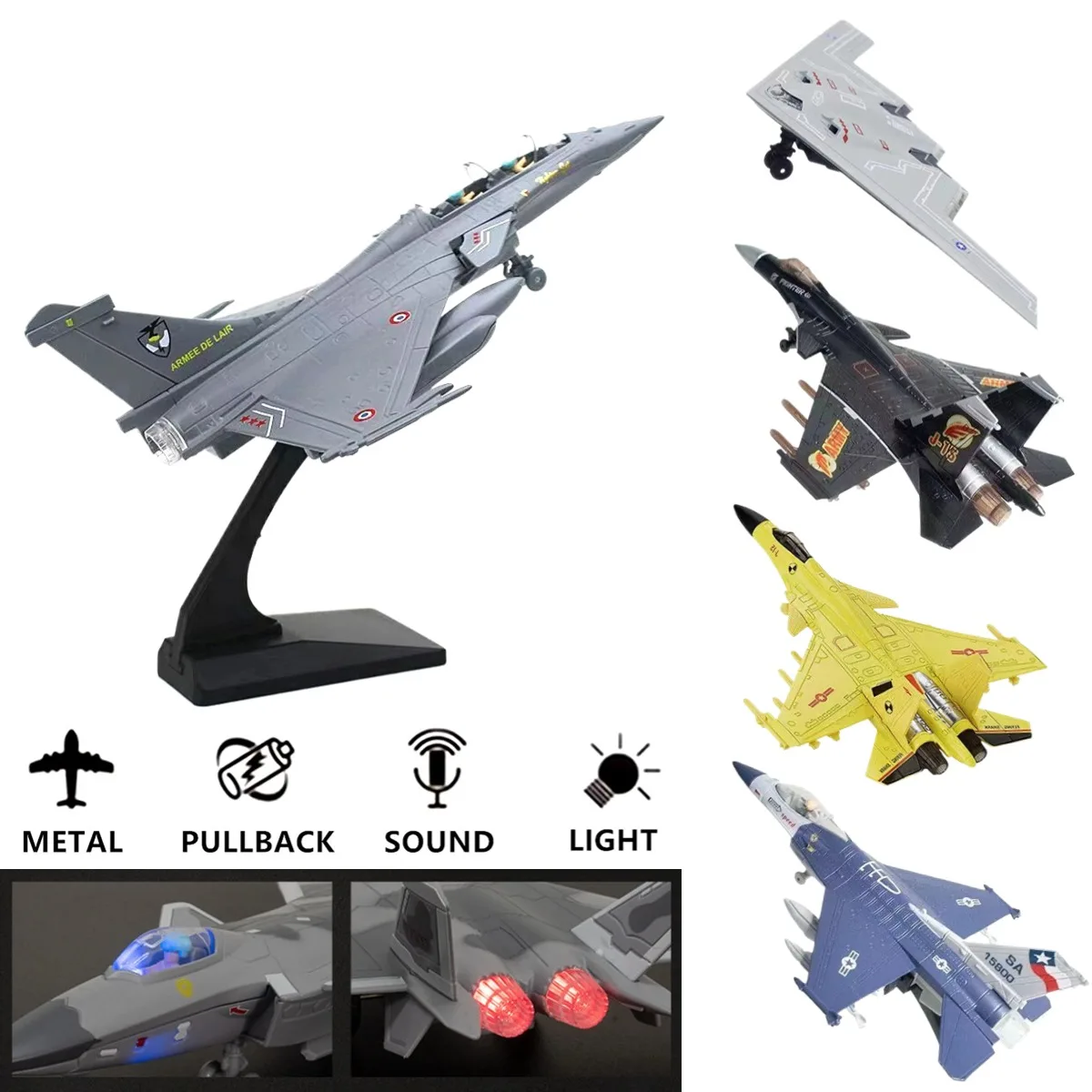 Pullback & Go Jet Rafale Fighter Aircraft Toy with Light Sound, Scale 1:50 Diecast F16 F22 F35 Aviao Plane Model Kid Boy Gift