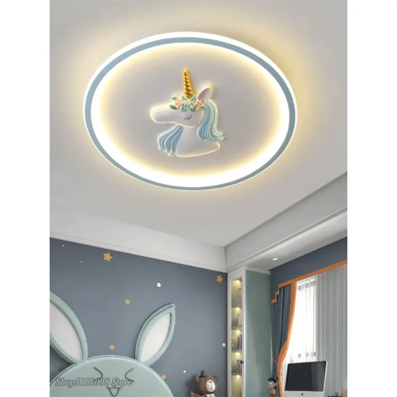 الشمال جولة LED يونيكورن أضواء السقف الحديثة غرفة الأطفال فتاة الأميرة غرفة نوم دراسة الكرتون حماية العين مصابيح السقف