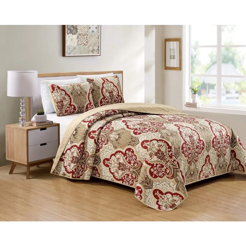 Luxury Home Collection 3 Piece  Quilted Reversible Coverlet Bedspread Set Floral Printed