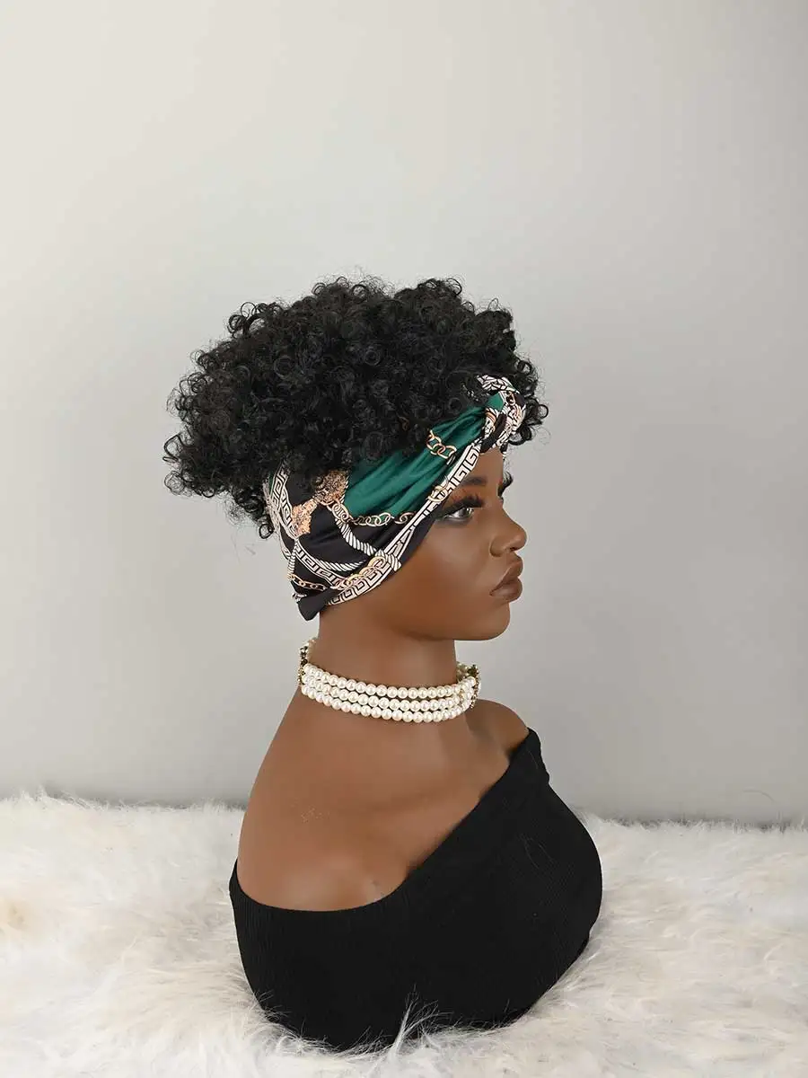 Headband Wig Curly Headband Wig With Bangs For Women Synthetic Afro Curly Hair Wig With Headband Attached Short Kinky Curly Afro High Puff With Bangs Stripes Short Red Curly Wigs with Bangs for Women, Natural Wavy Synthetic Wig, Fluffy Pixie Cut