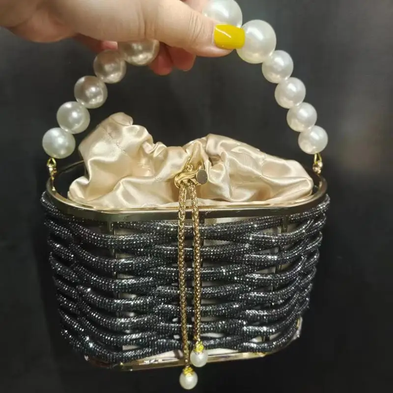 Big Pearl Hand Handle Handbag Shoulder Pearl Wedding Party Clutch Purse Shiny Evening Bag Crossbody Rhinestone Luxury Woman