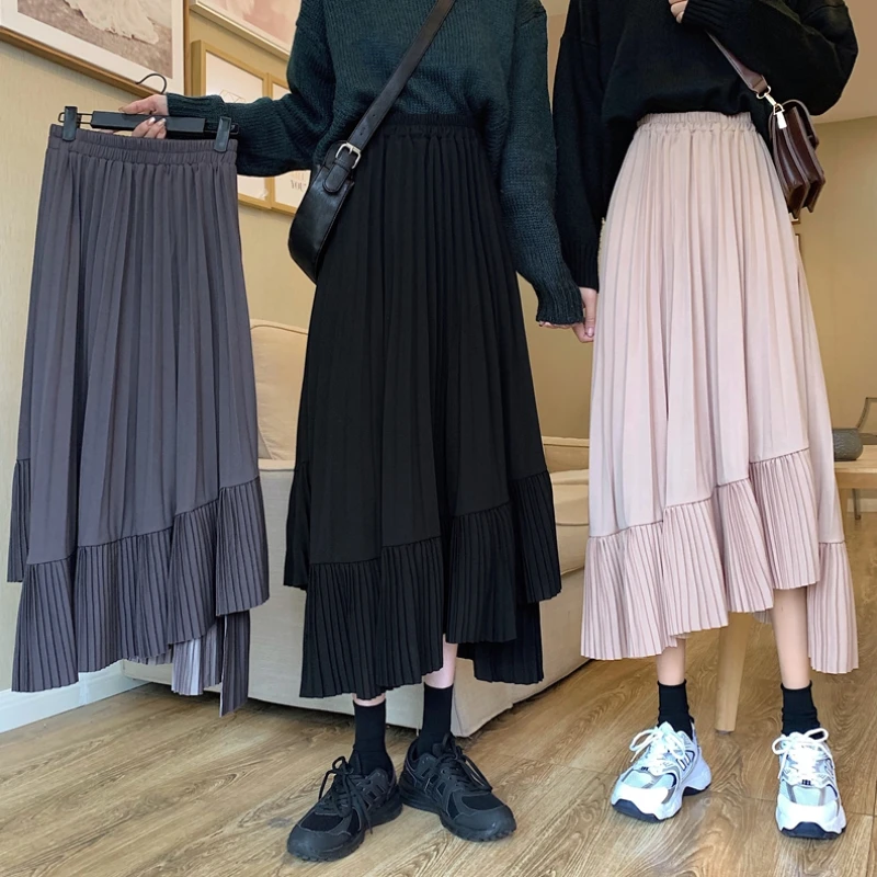 

Autumn Irregular Long Pleated Skirt Elastic Waist Patchwork High Low A-line Solid Ankle Long Pleated Skirts