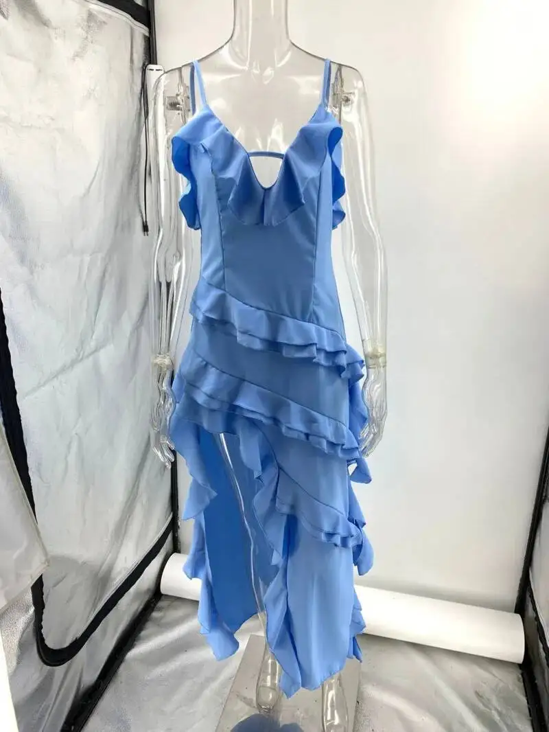 女性不規則なタッセル夏のトレンドスキニースプリットマキシボディコン誕生日パーティークラブウェア Vestidos ブルーエレガントな女性ストラップ CS87