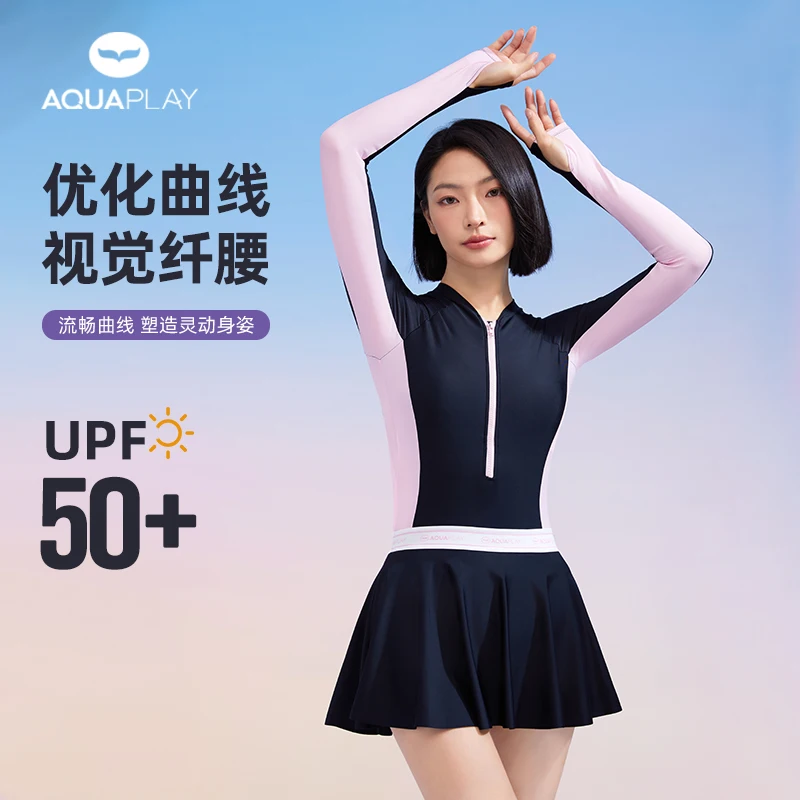 

AquaPlay Pink Black Quick Dry Women Swimsuit UPF50+ Rash Guard One Piece Beach Swimwear Surf Suit High Waisted Slimming Swimsuit