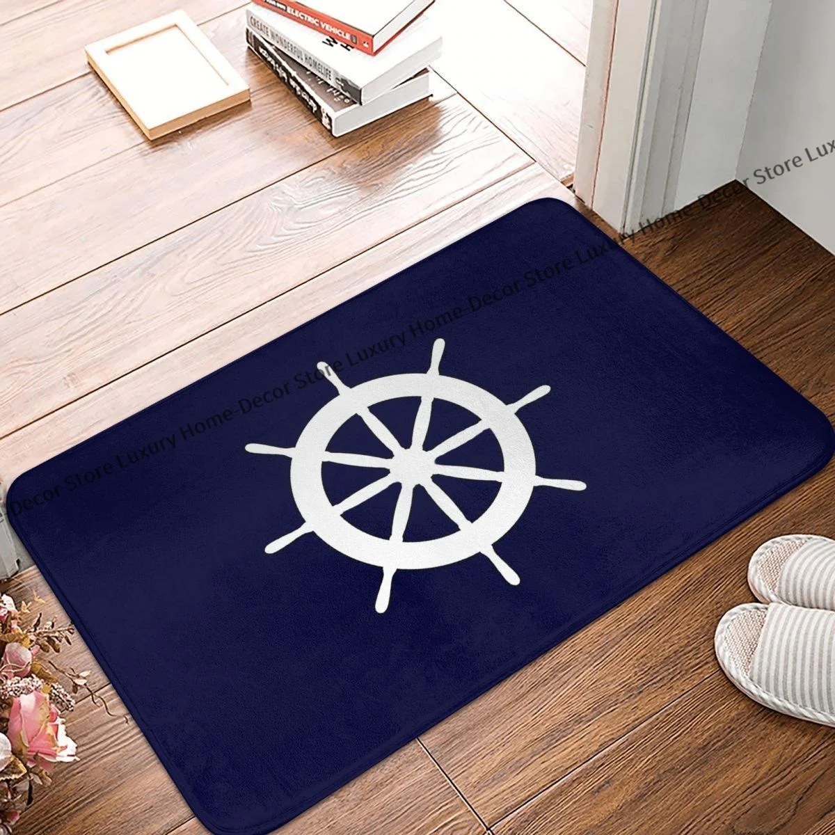 Non-slip Doormat Living Room Mat White Ship Steering Wheel On Navy Blue Hallway Carpet Entrance Door Rug Home Decorative