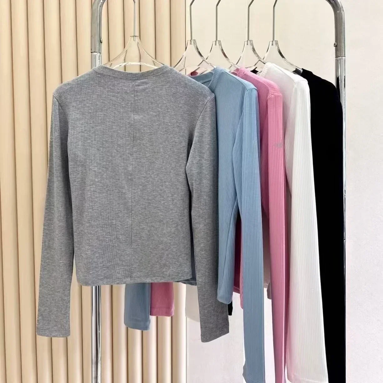Goddess Yoga Round Neck Long Sleeve T-Shirt Women's New Threaded Knitted High Elastic Bottom Slim Skinny Casual Sports Top