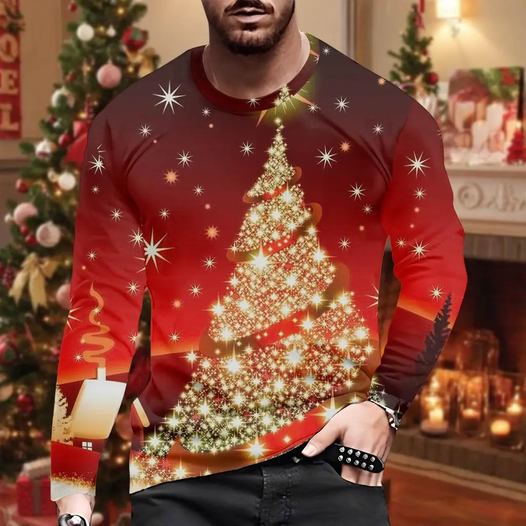 

2024 Christmas Tree Pattern Men's Street Long Sleeve T-shirt Spring and Autumn 3D Printing Fashion Loose Men's Casual Tops