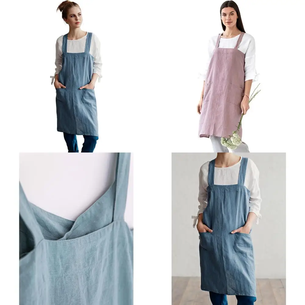 

Japanese Cross Back Pinafore Style Apron with Pockets, 100% Linen, Unisex Apron for Cooking and Baking