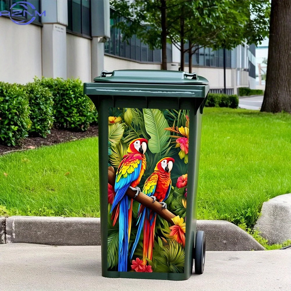 1pc Tropical Macaws PVC Adhesive Sticker - Waterproof Removable Trash Can & Wall Decal, Vibrant Parrot & Foliage Design, x , S