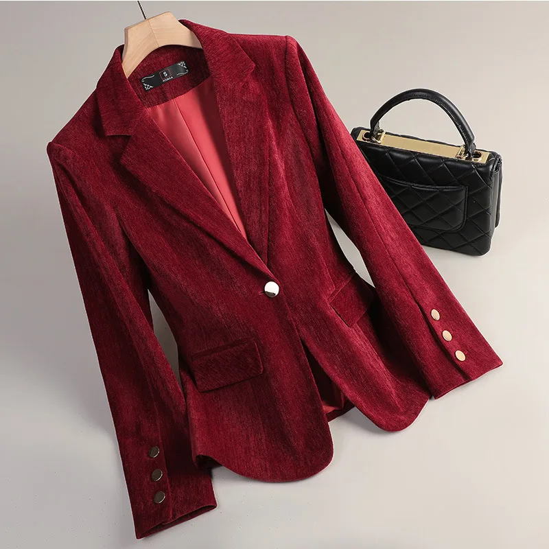 Yellow Gold Velvet Blazer Women Autumn Winter Casual Suits Fashion Office Ladies Blazer Business Work Wear Formal Jacket Coat