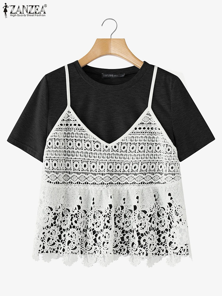 ZANZEA النساء تي شيرت الصيف بلايز 2025 موضة قصيرة الأكمام الدانتيل تونك وهمية قطعتين تيز عادية فضفاض المرقعة الحلو القمصان