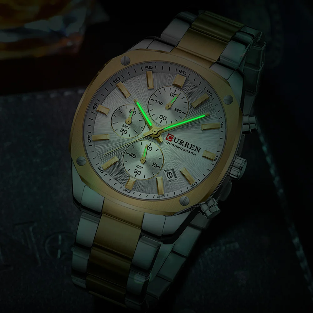 CURREN Reloj cronógrafo informal de negocios para hombre, banda de acero inoxidable con esfera negra, manecillas luminosas, movimiento de cuarzo