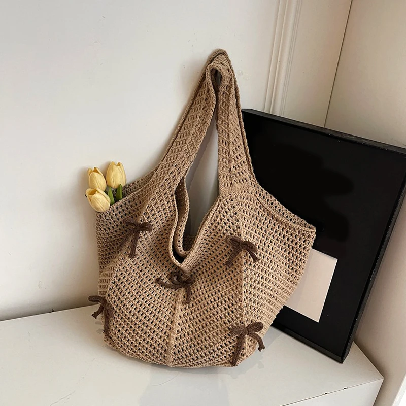 

New Khaki Bow Vintage Knit Bag High Quality Woven Bag Large Capacity Daily Wear Shoulder Bag Ladies Hand Bags