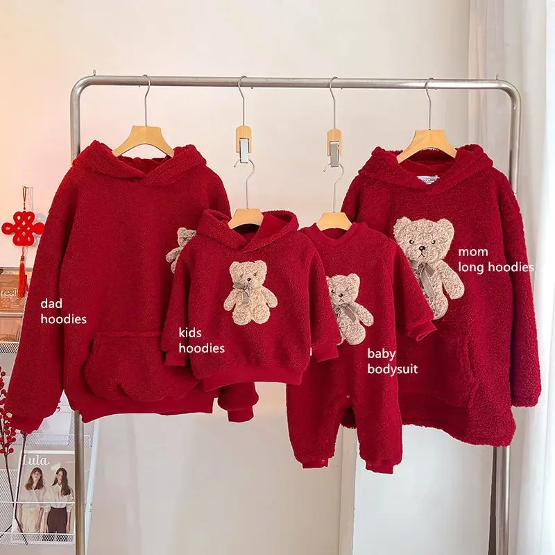 Mom Dad and Children\'s Winter Red Hoodies for Whole Family Bear Clothes Christmas Mother Father Daughter Son Hooded Sweatshirts