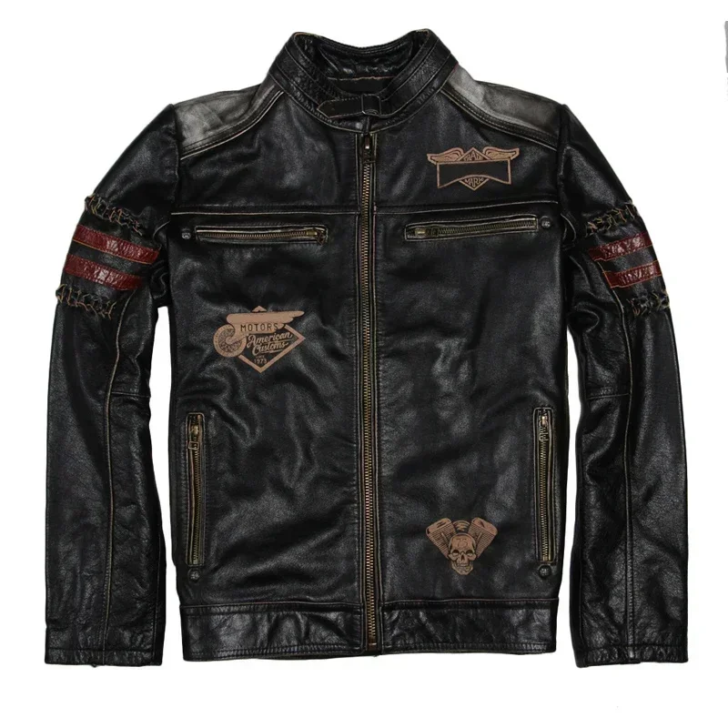 Motorcycle Jacket Men's Genuine Leather Cowhide Calf Skin Black Slim Male Biker Coat Autumn M094