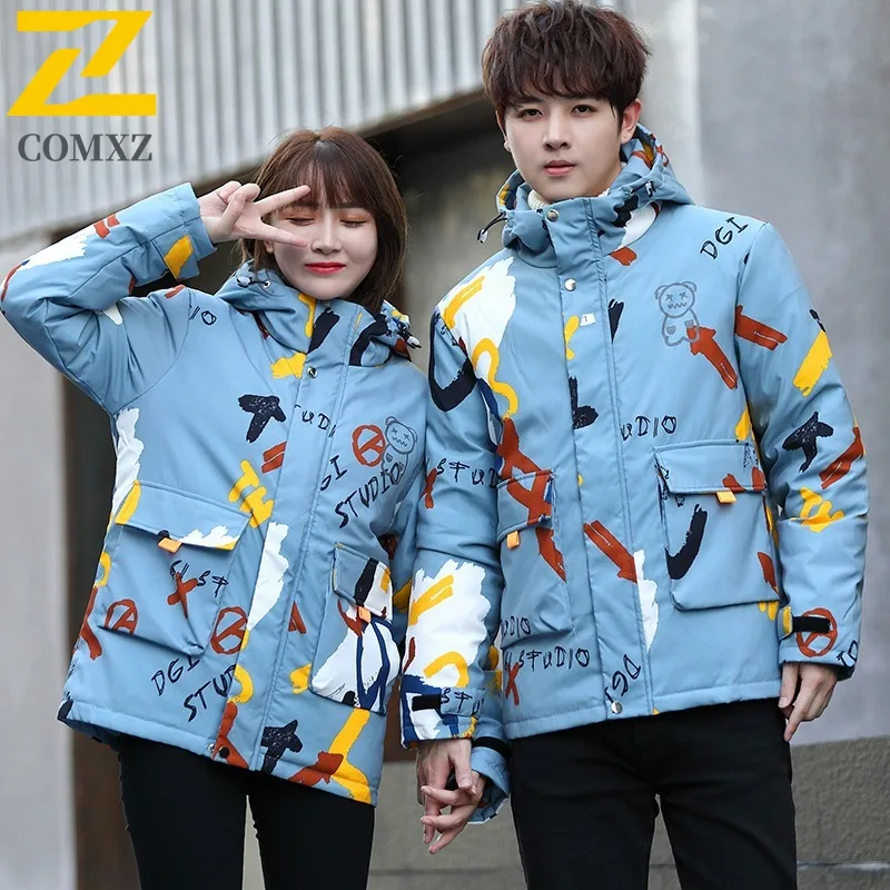 COMXZ 2025 ​Men Graffiti  Jacket Winter Thermal Puffer Windproof Korean Style Loose Fit Streetwear Parka Detachable Hood​ Coat