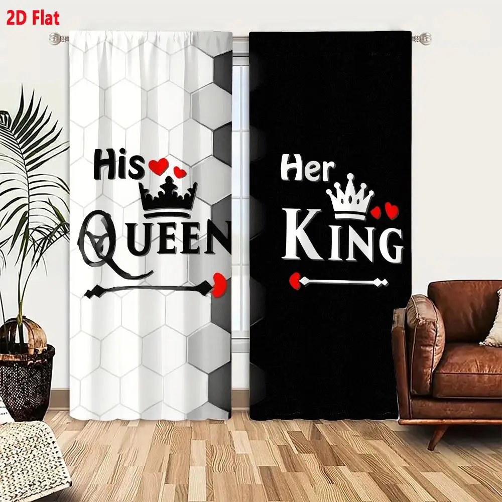 2Pcs Curtains 2D Flat His Queen Her King Romantic Couple Design With Crowns And Hearts On Hexagon And Black Background Window Dr