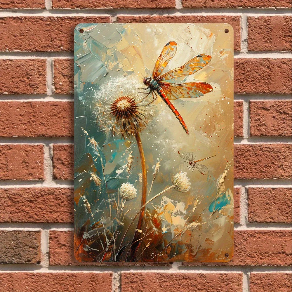 

Dandelion and Dragonfly Tinplate Painting Wall Decor Durable Wall Plaque Vintage Wall Decoration for Home and Garden 8x12 Inch